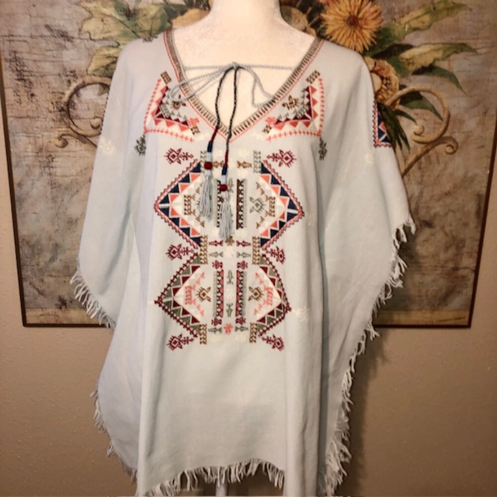 Sz S/M Anthropologie Light Blue Embroidered Linen-Blend Poncho Swim Cove…